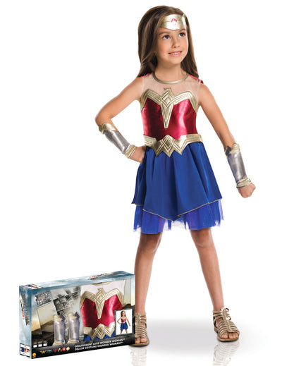 Set lux de costum Wonder Woman pentru fată, roșu, auriu și albastru, cu diademă și protecții pentru brațe