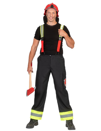 Pantalon de pompier pour homme noir avec bretelles rouges et bandes réfléchissantes