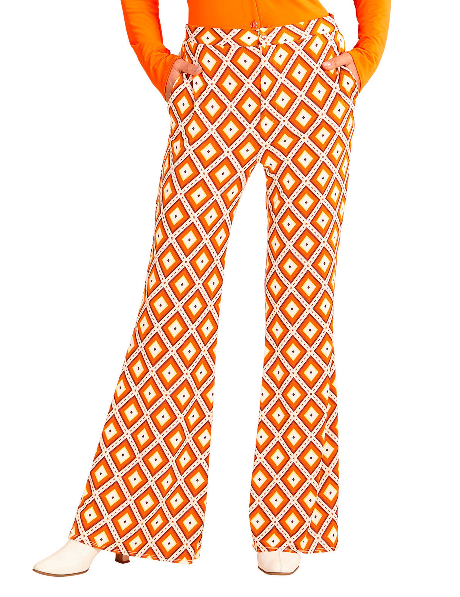 Pantalon groovy rétro années 70 pour femme à motif géométrique orange et blanc