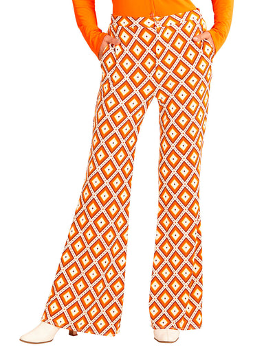 Pantalon groovy rétro années 70 pour femme à motif géométrique orange et blanc