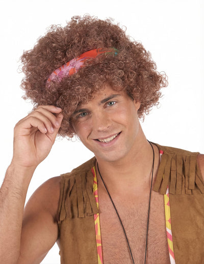Perruque afro hippie pour homme brune avec bandeau coloré
