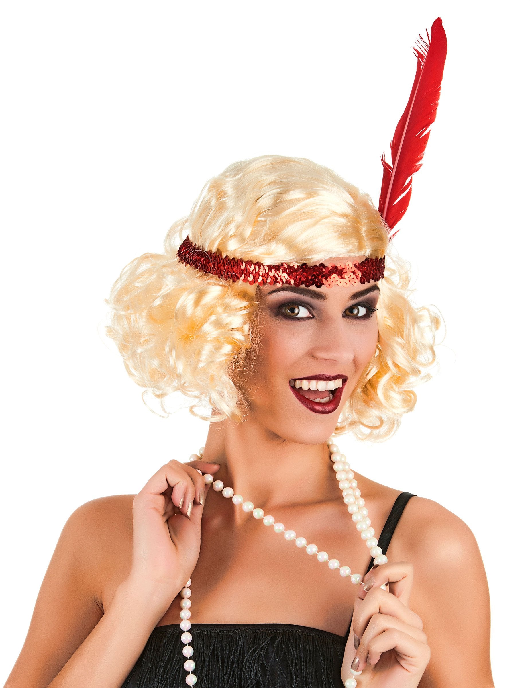 Perruque charleston pour femme blonde avec bandeau et plume rouge