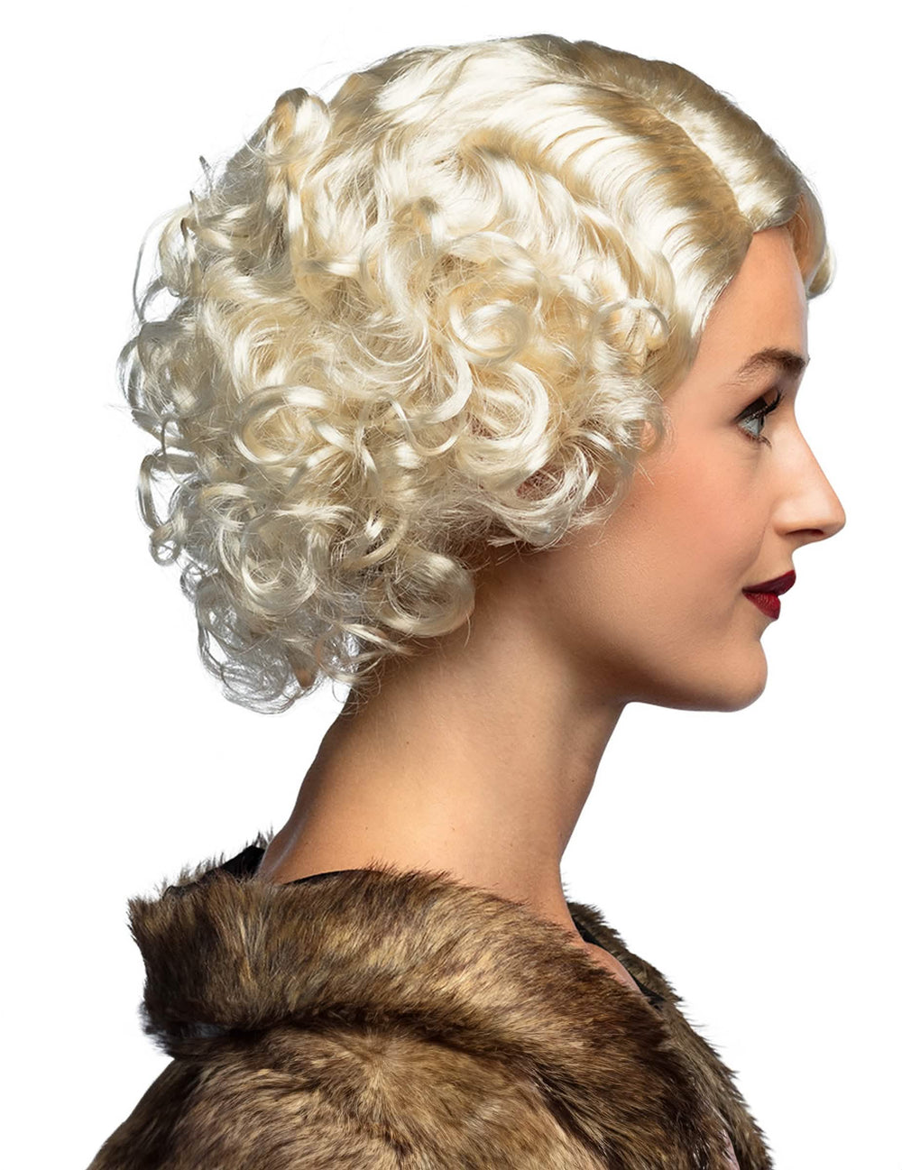 Vedere din profil a perucii blonde platină pentru femeie