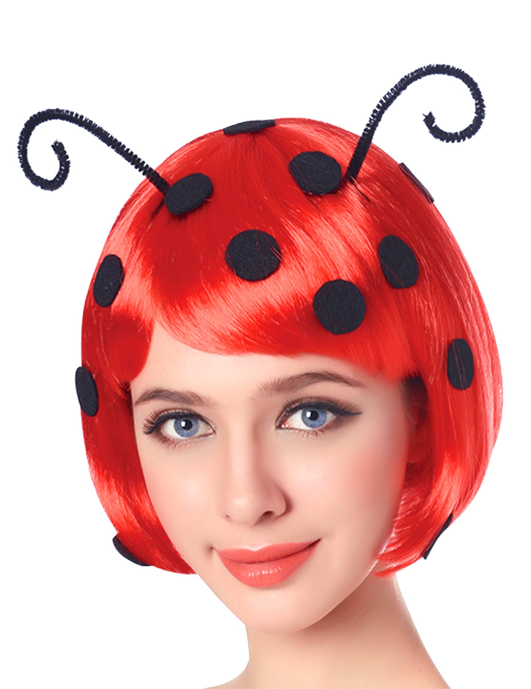 Perruque coccinelle pour femme rouge à pois noirs avec antennes