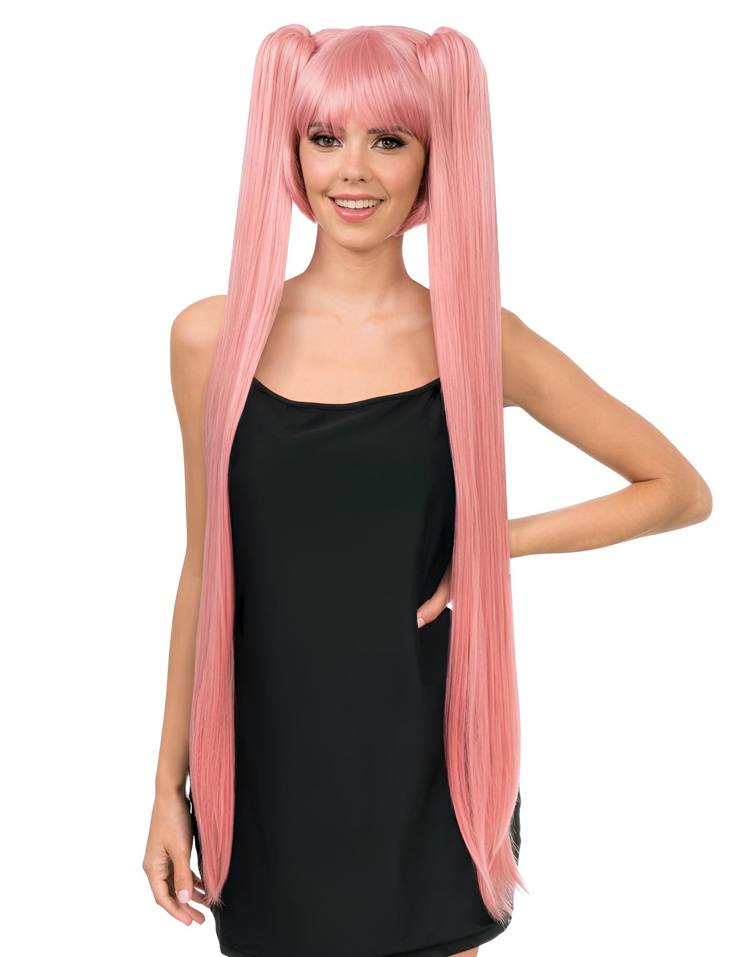 Perucă cosplay de lux cu cozi lungi roz pastel pentru adulți 