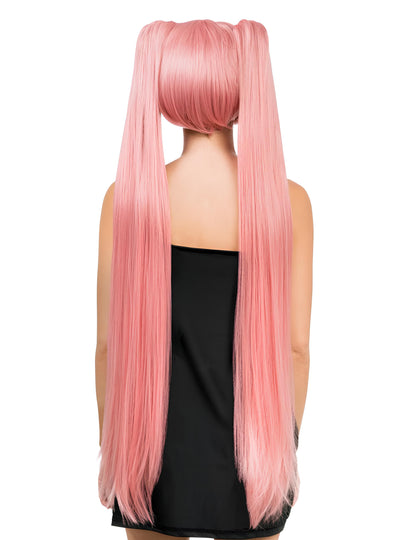 Perucă cosplay de lux cu cozi lungi roz pastel pentru adulți 
