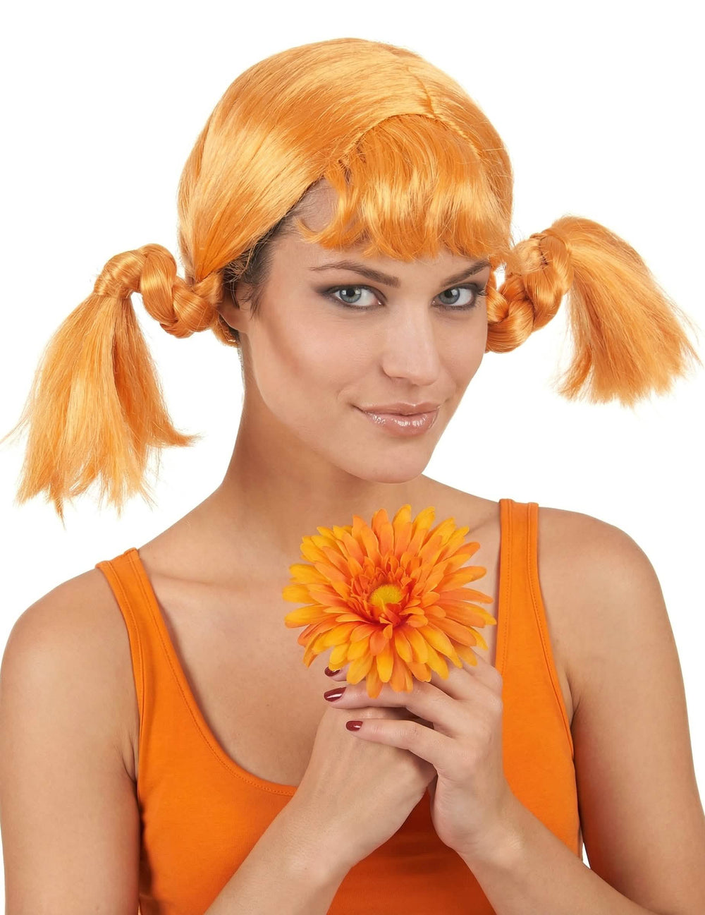 Perucă cu codițe pentru femeie roșcată cu breton