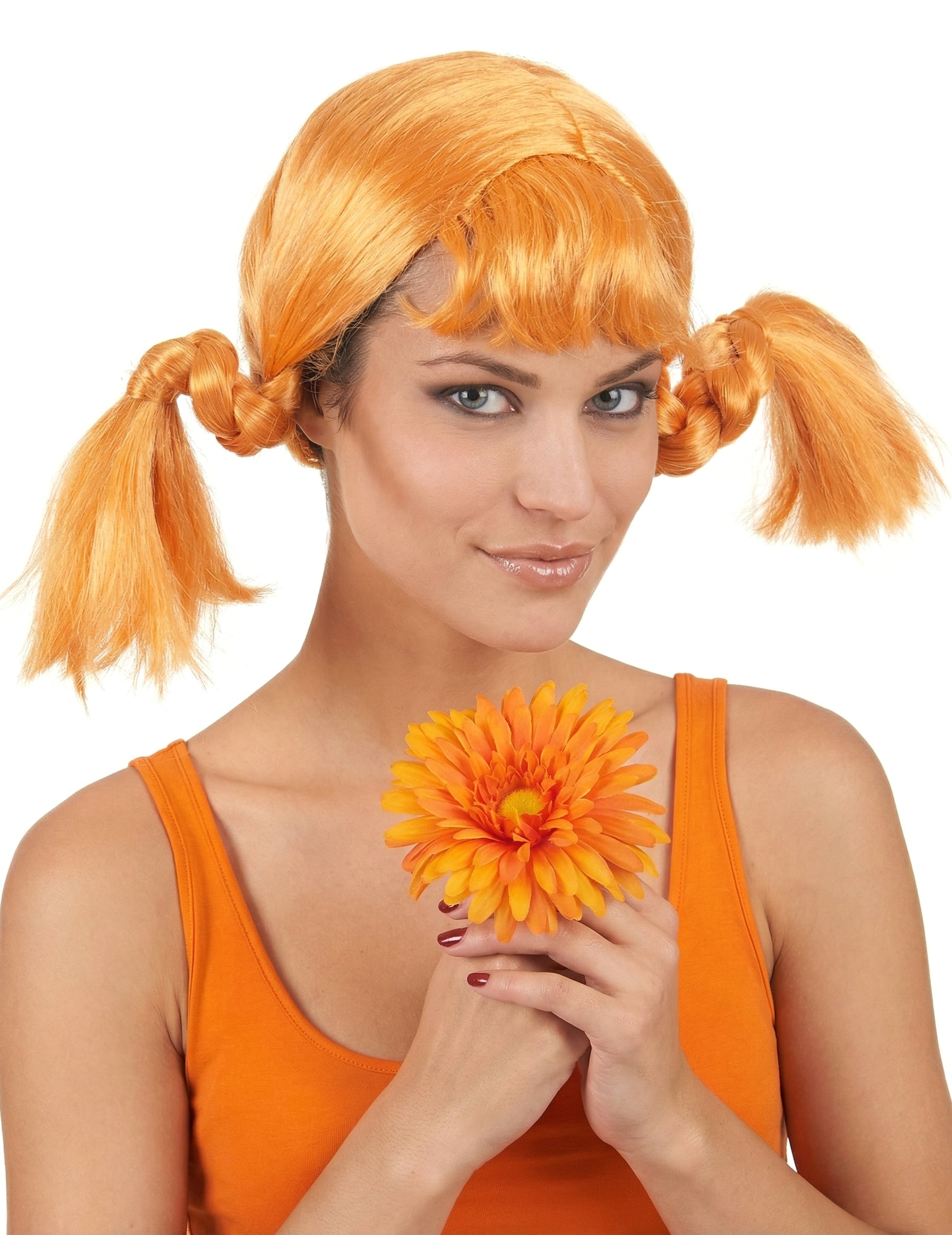 Perruque à couettes pour femme rousse avec frange