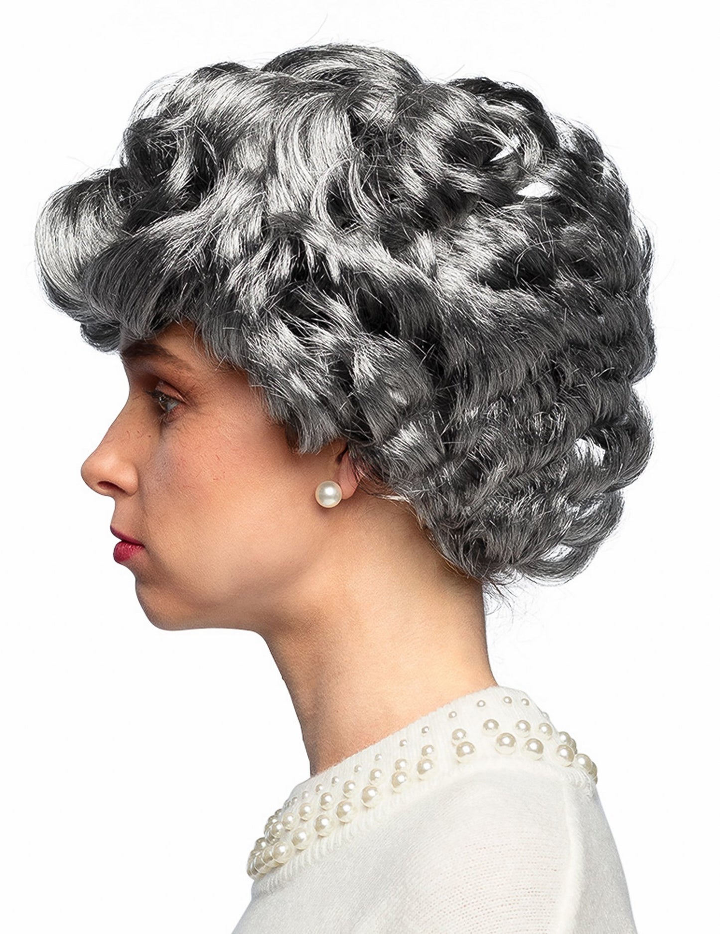 Vedere din profil a perucii scurte pentru adult de culoare gri