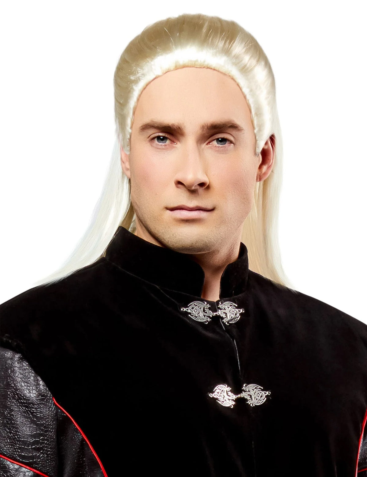 Gros plan de face de la perruque luxe Daemon Targaryen House of the dragon