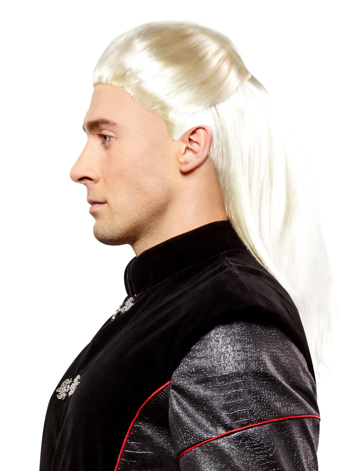 Vue de profil de la perruque luxe Daemon Targaryen House of the dragon