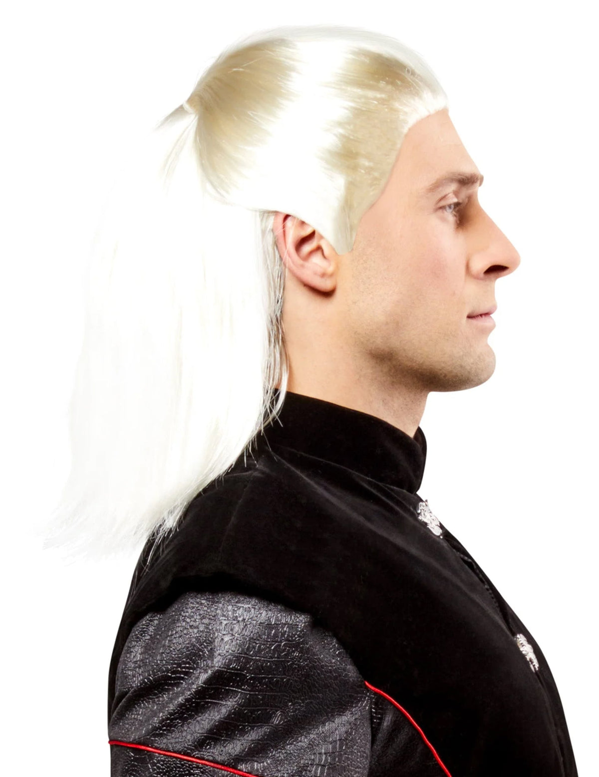 Vue de profil de la perruque luxe Daemon Targaryen House of the dragon