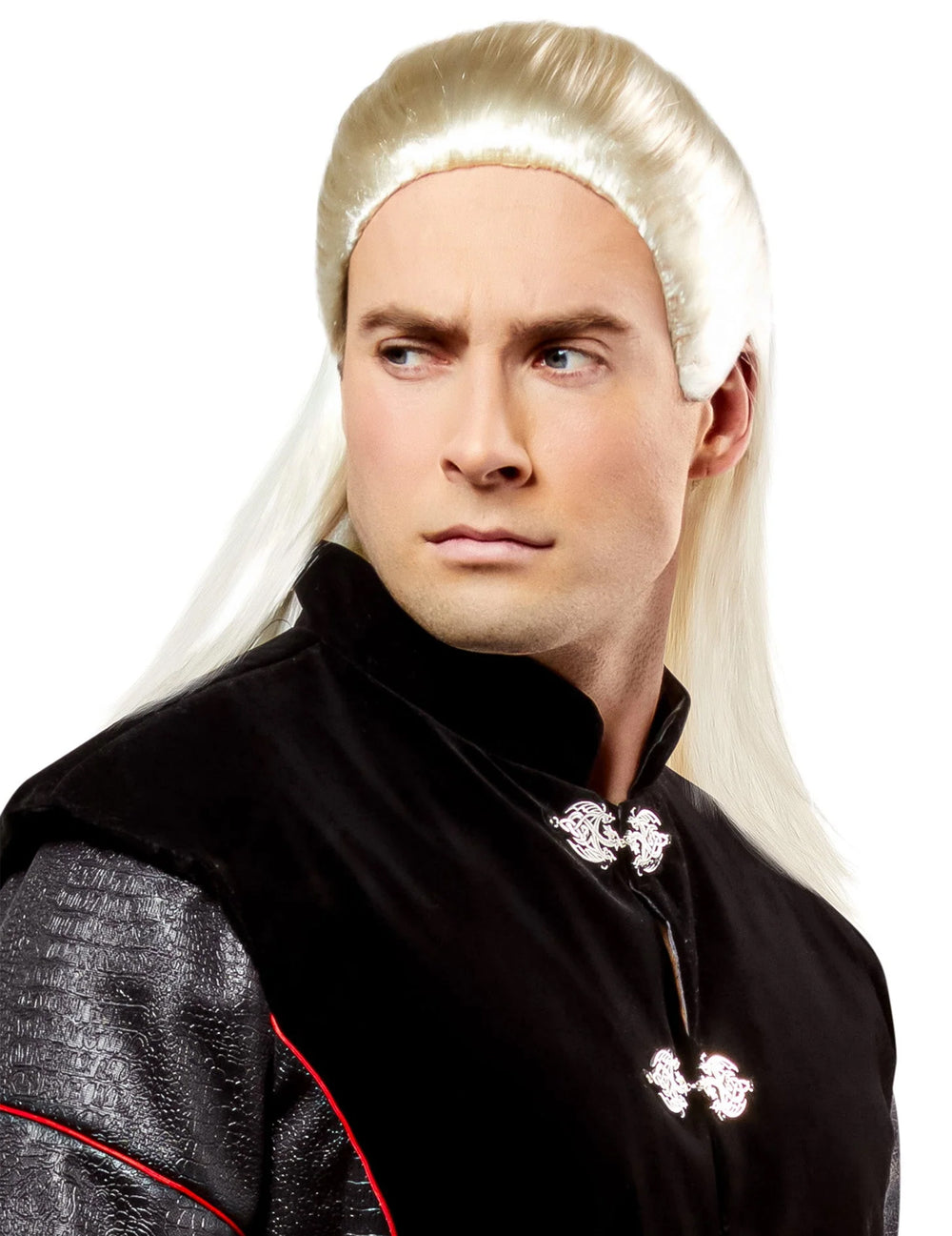 Vue de trois-quarts de la perruque luxe Daemon Targaryen House of the dragon