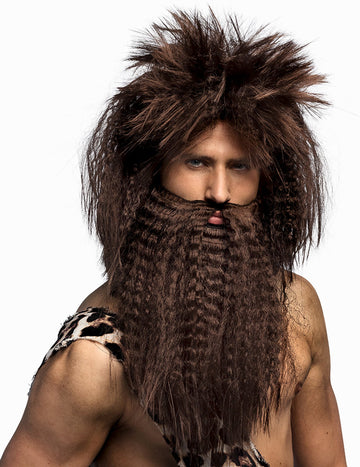 Perruque et barbe des cavernes pour homme marron
