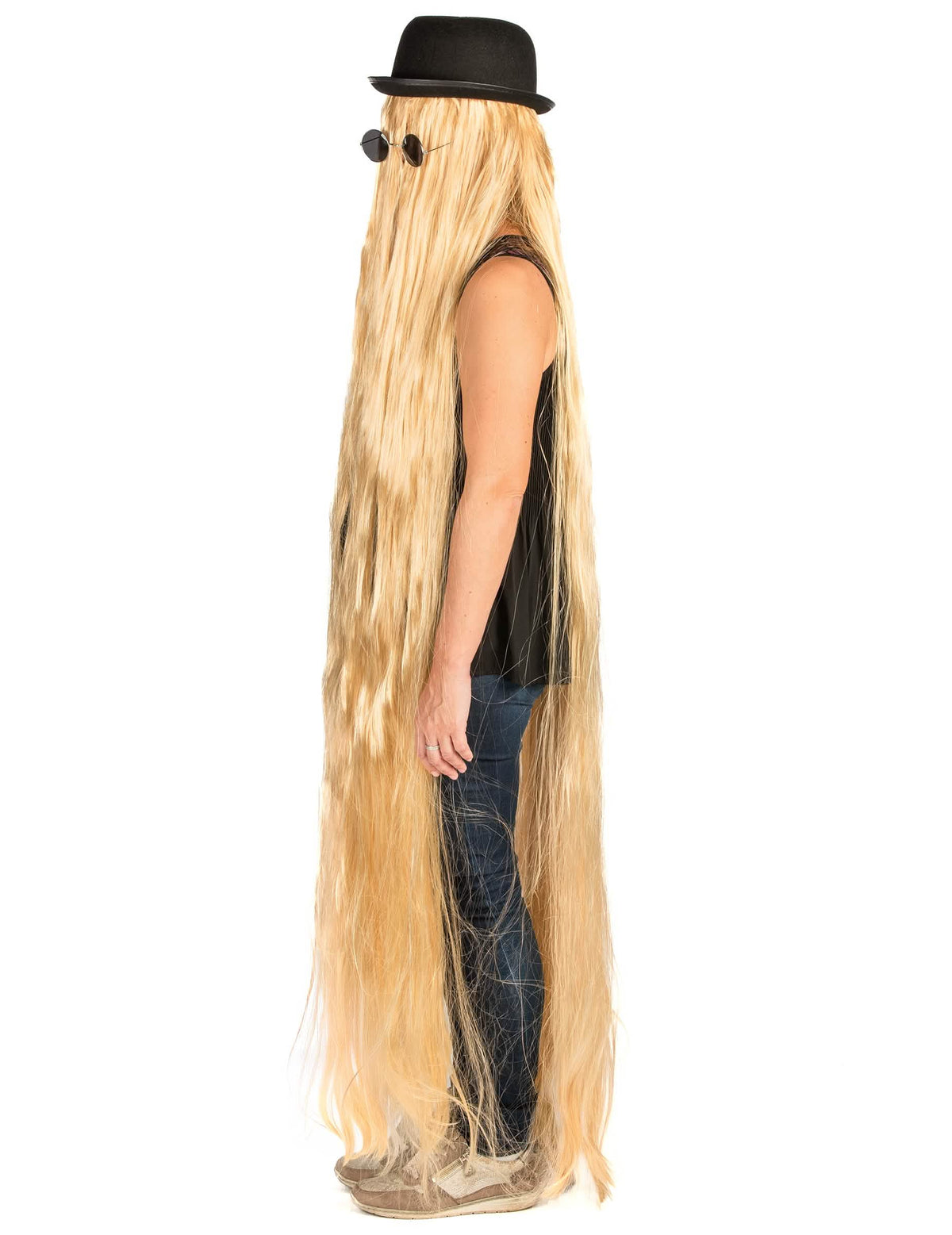 Vedere din profil a perucii extra lungi blonde pentru adult