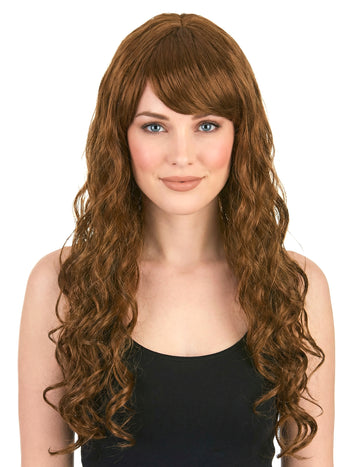 Perruque glamour longue pour femme châtain avec boucles