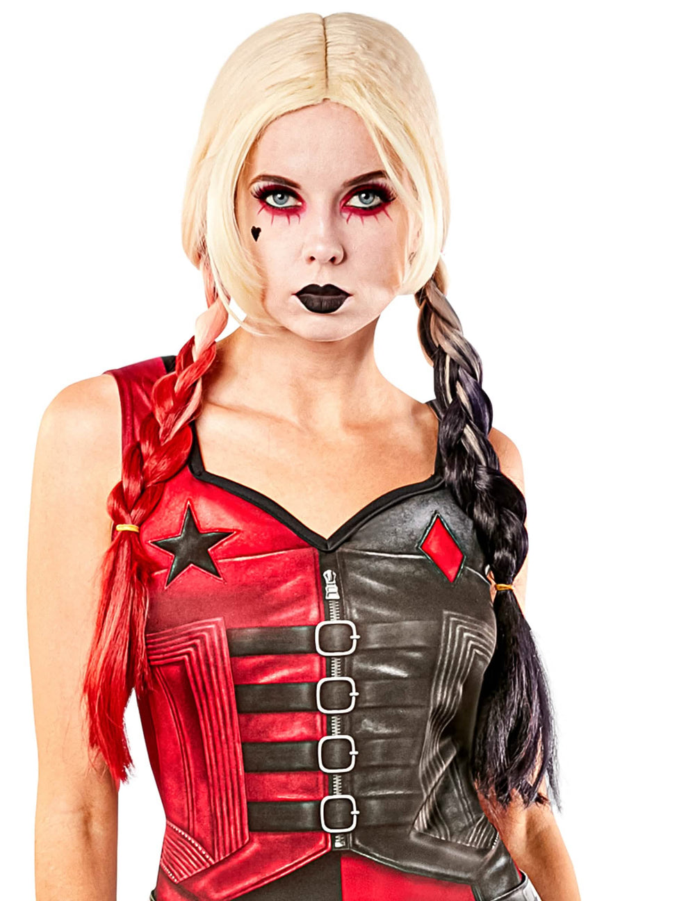 Perucă Harley Quinn Suicide squad 2 pentru femeie blondă cu cozi împletite roșu și negru