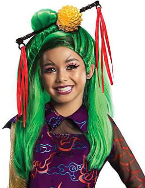 Perruque luxe Jinafire long Monster High™ pour fille verte avec accessoire de tête et rubans rouges