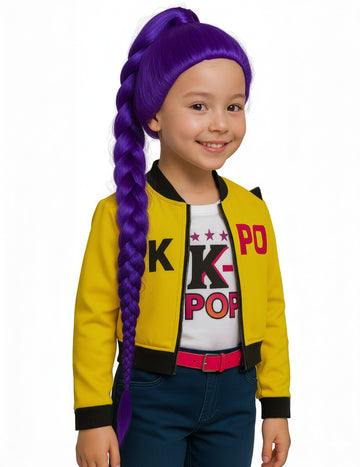 Perucă Kpop cu coadă împletită mov pentru copii 