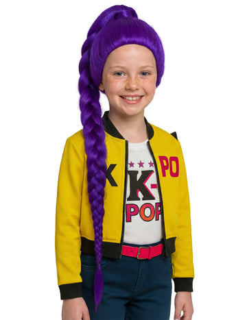 Perucă Kpop cu coadă împletită mov pentru copii 