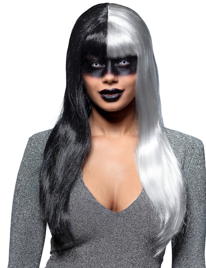 Vue de face de la perruque lisse noire et blanche