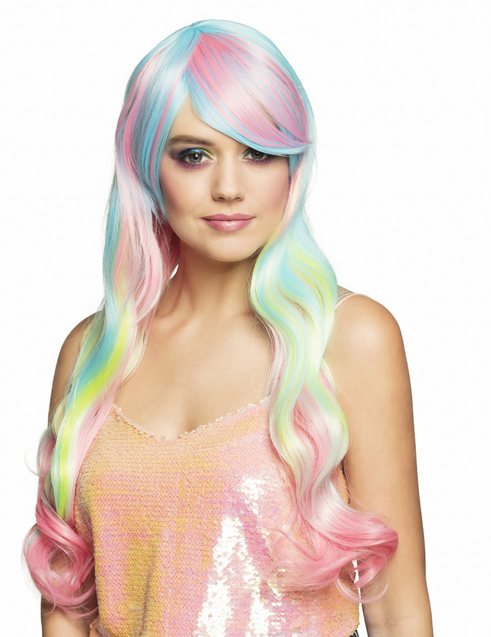 Perruque longue arc-en-ciel pastel pour femme ondulée