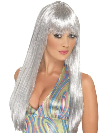 Perucă lungă argintie strălucitoare pentru femei cu breton