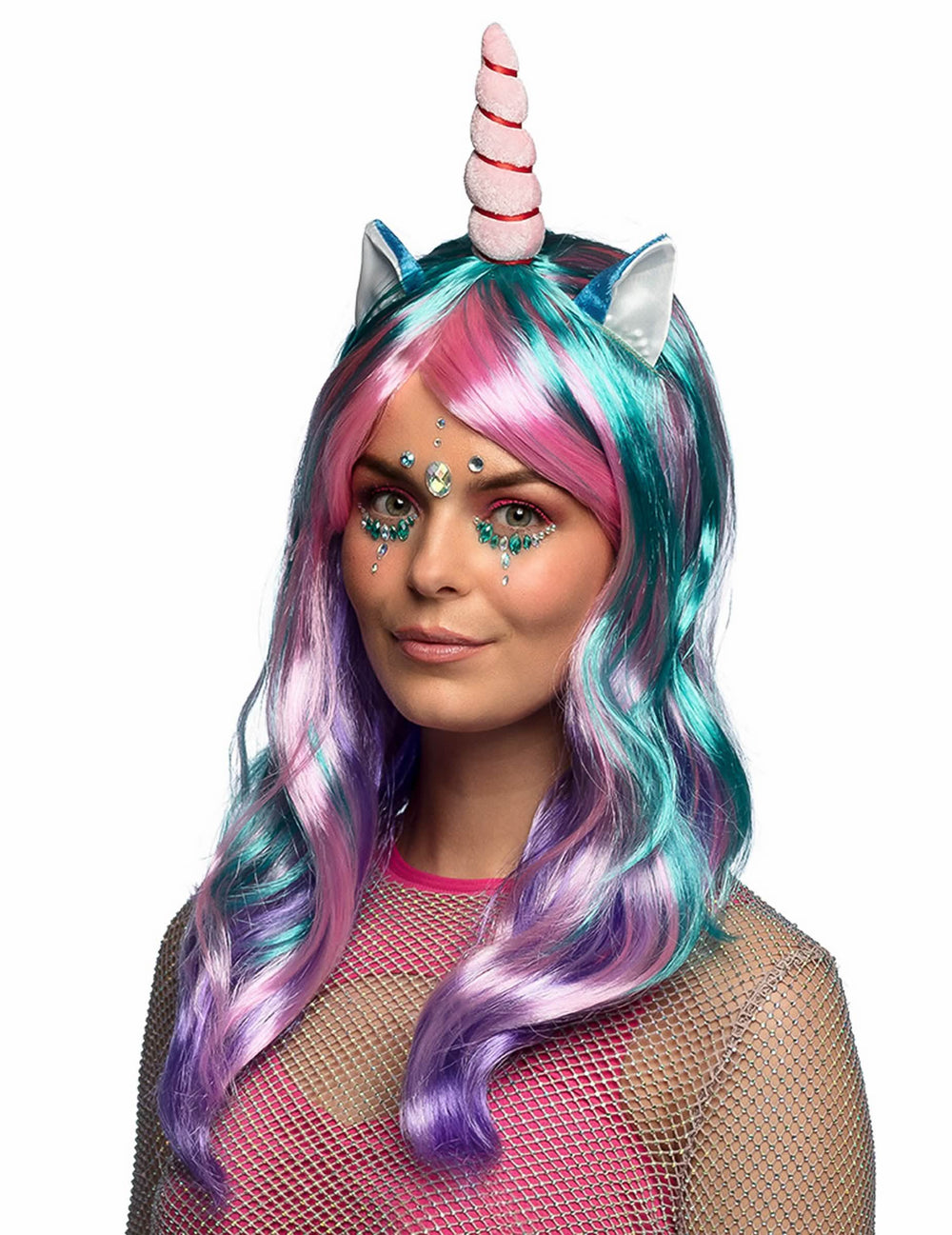Perucă lungă de vis cu unicorni pentru femeie multicolor roz albastru și mov cu corn și urechi