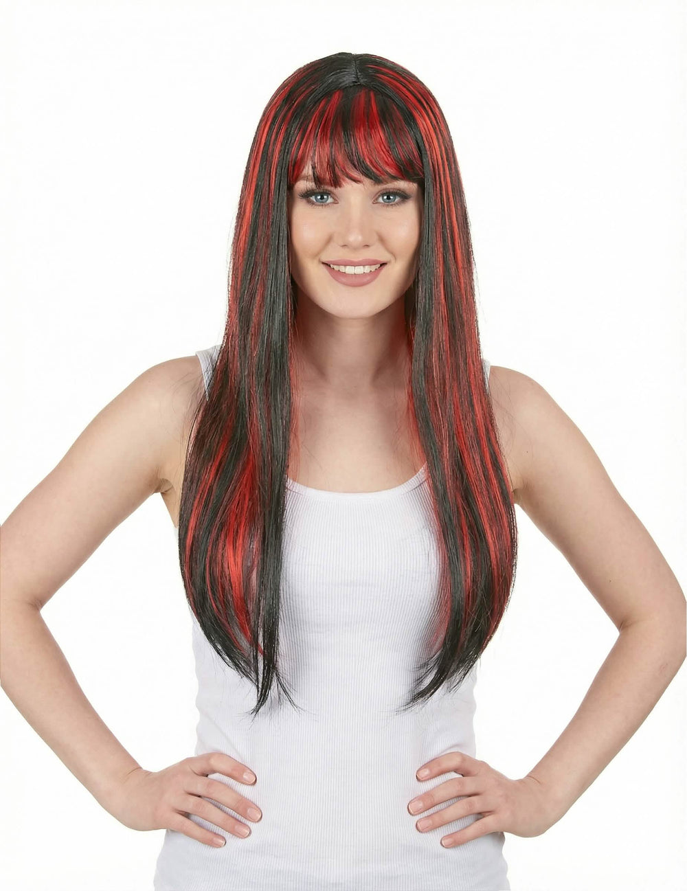 Perucă lungă neagră cu breton pentru femeie balayage roșu