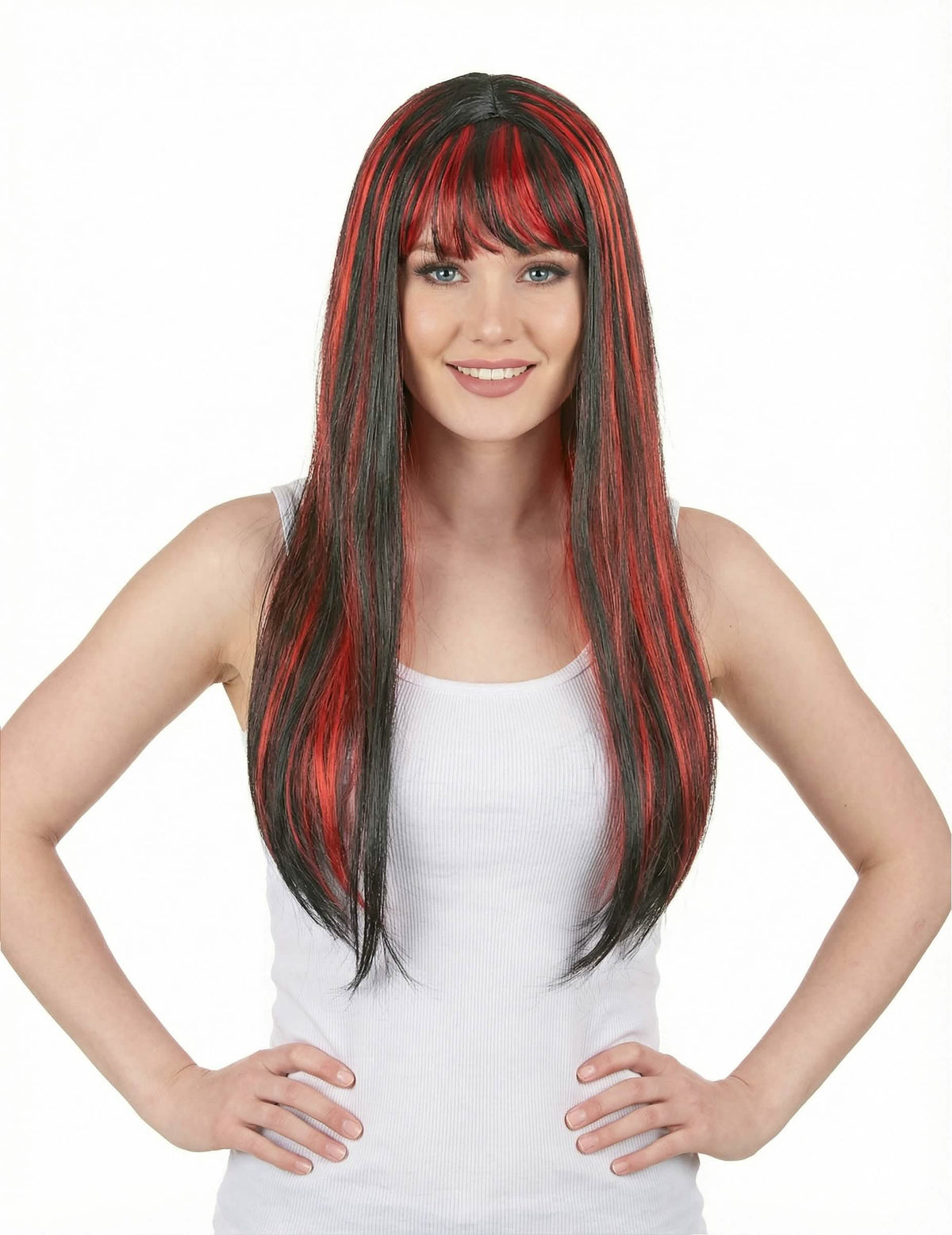 Perucă lungă neagră cu breton pentru femeie balayage roșu