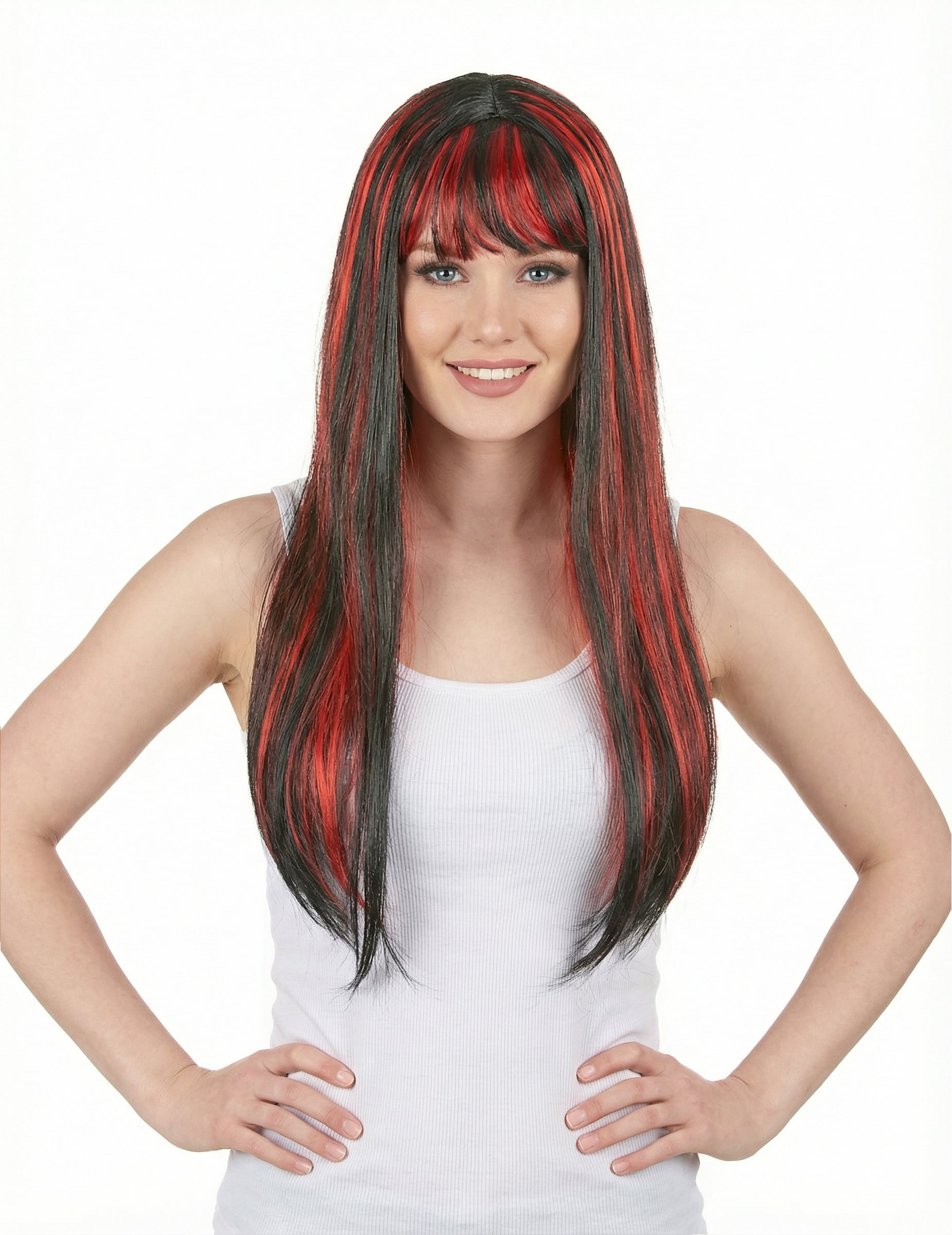 Perruque longue noire avec frange pour femme balayage rouge