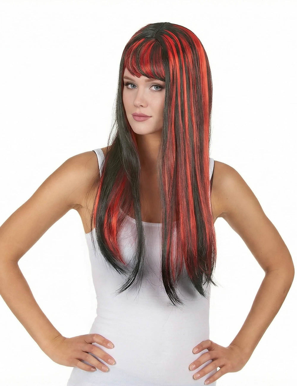 Vedere frontală a perucii lungi negre cu breton pentru femeie, cu balayage roșu