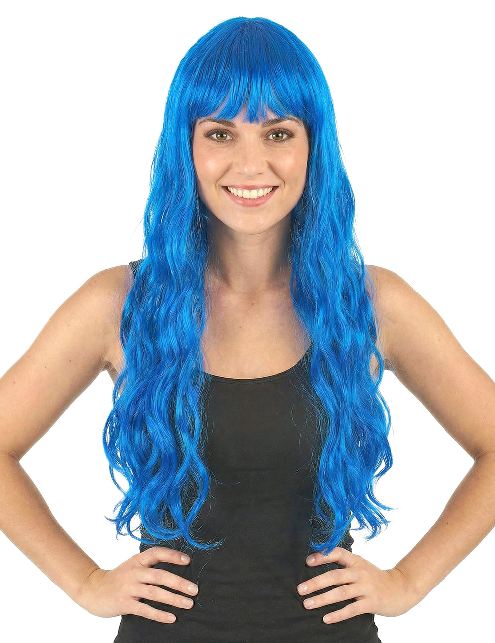 Vue de face de la perruque longue ondulée avec frange pour femme bleue