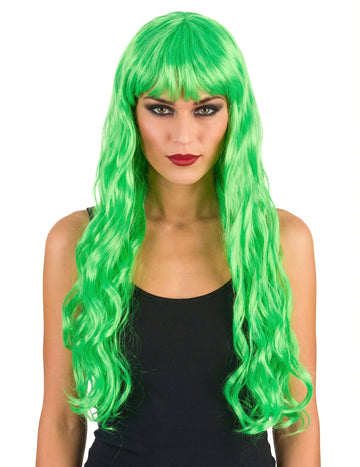 Perruque longue ondulée pour femme vert fluo avec frange