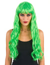Perruque longue ondulée pour femme vert fluo avec frange