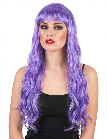 Perruque longue ondulée à frange pour femme violette