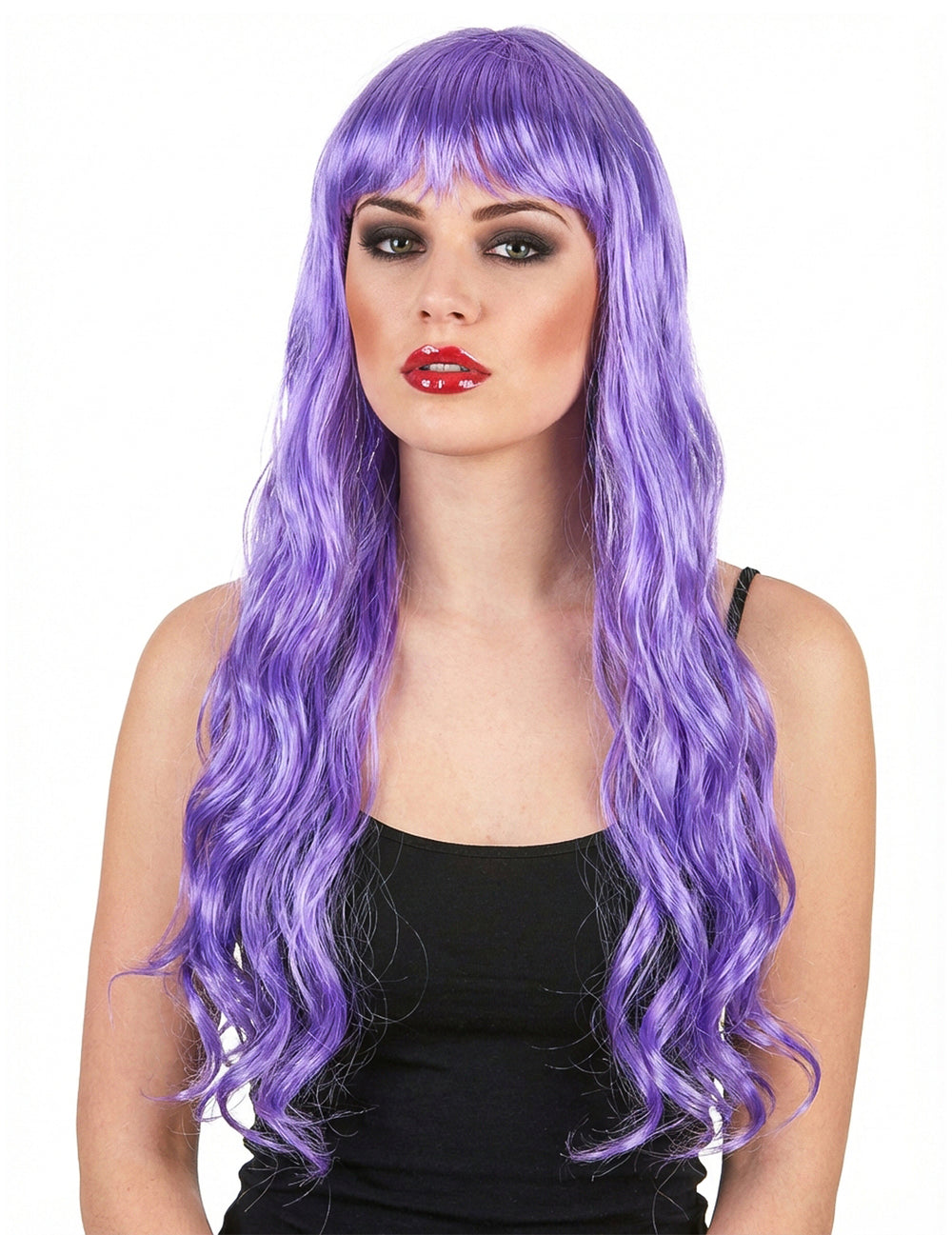 Perruque longue ondulée à frange pour femme violette