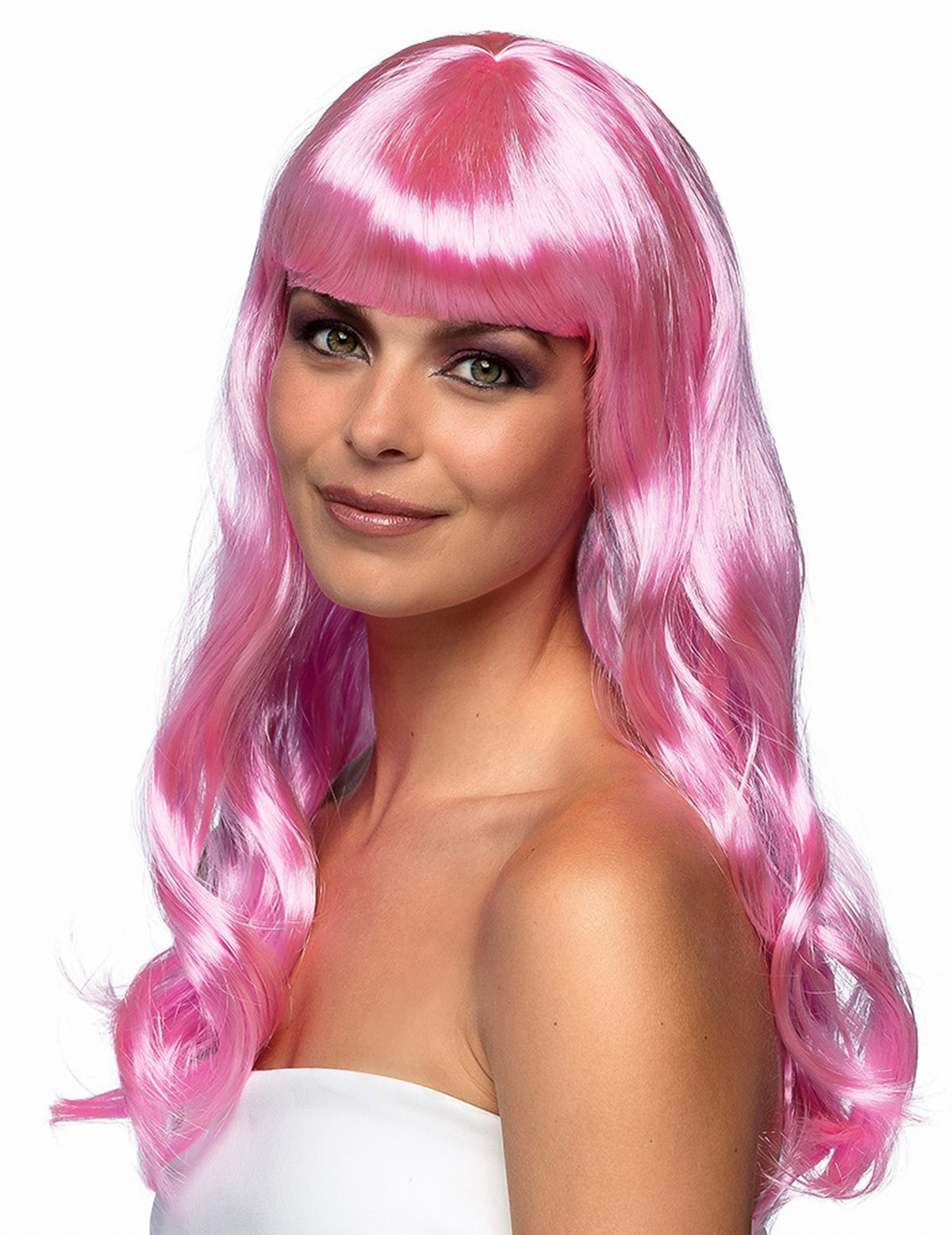 Perruque longue pour femme rose pâle ondulée avec frange