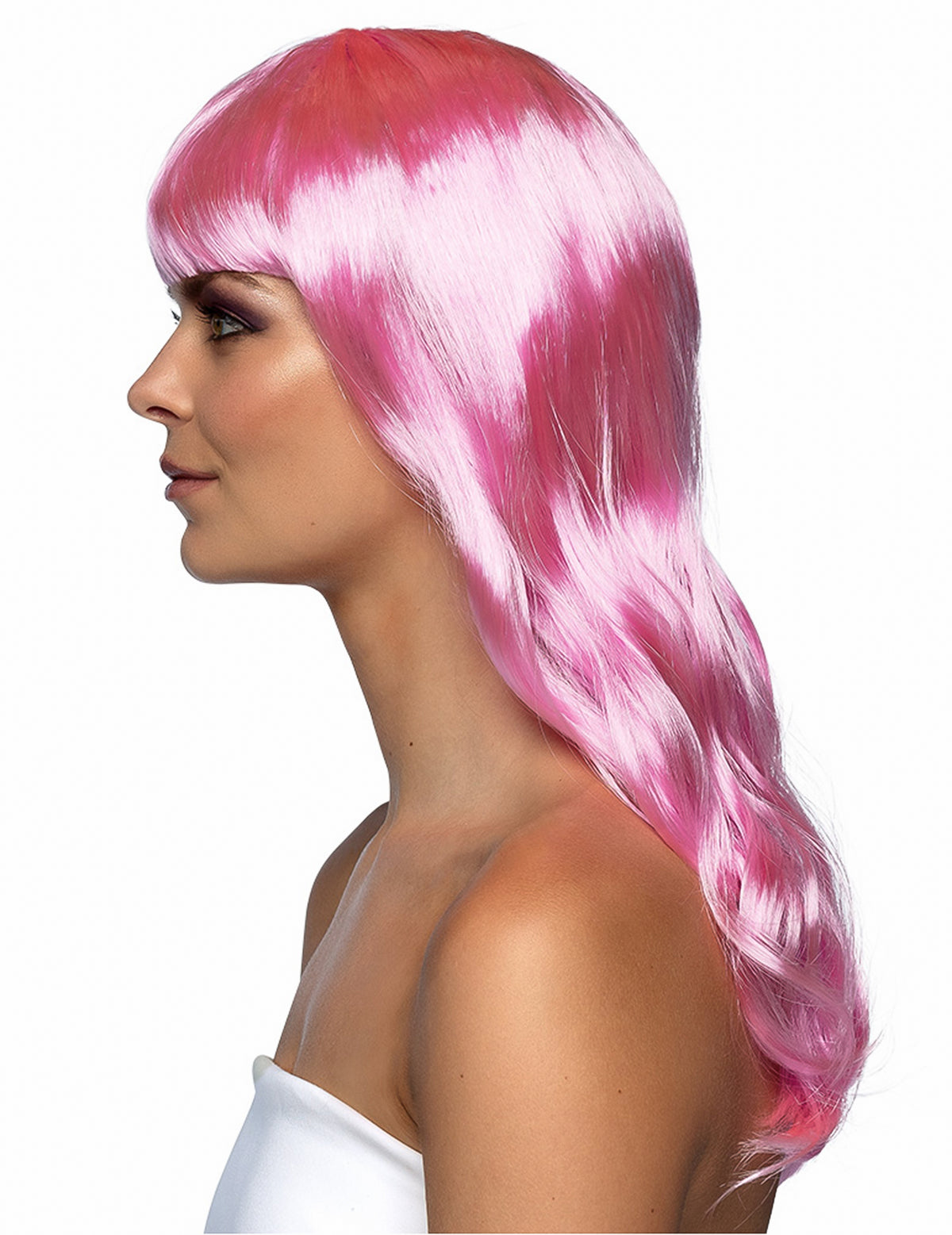 Vue de profil de la perruque longue pour femme rose pâle