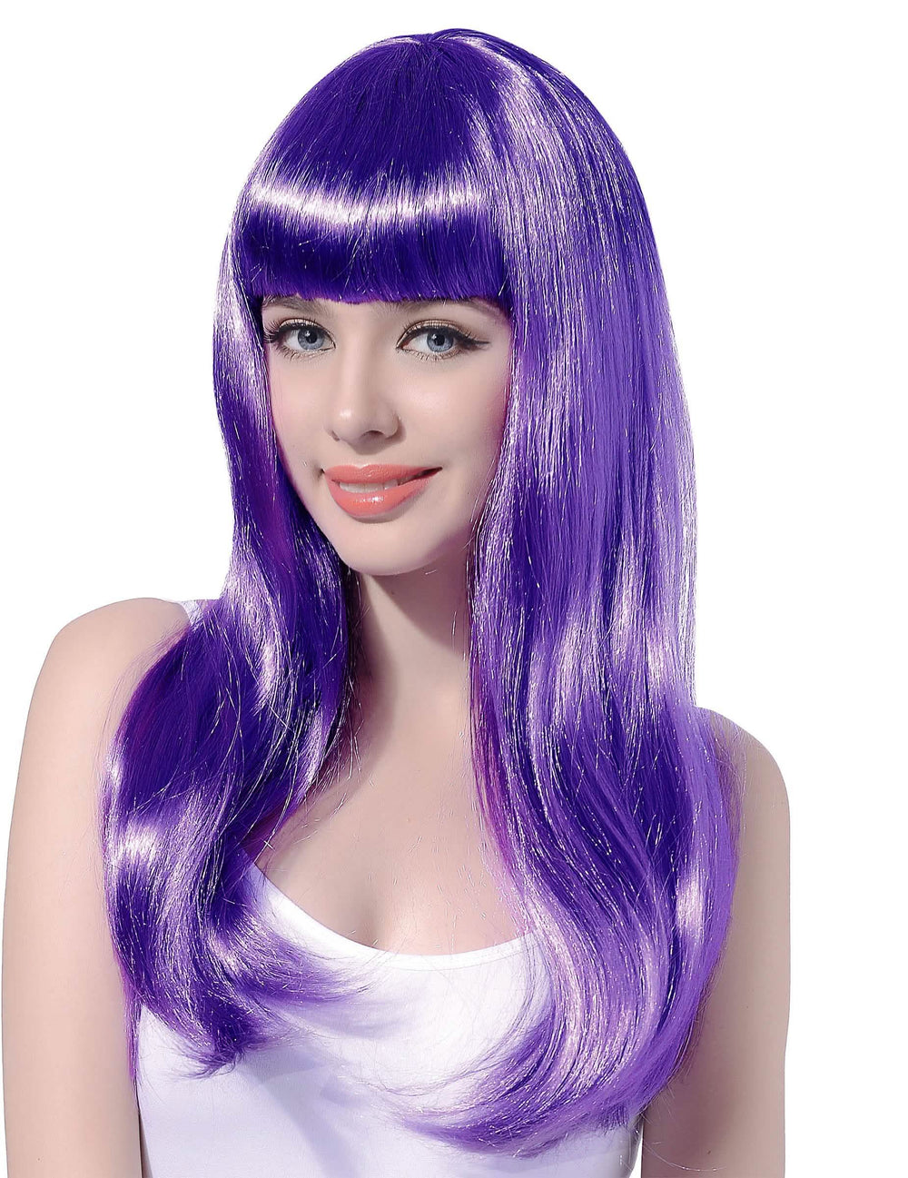 Perucă lungă cu breton pentru femeie violetă