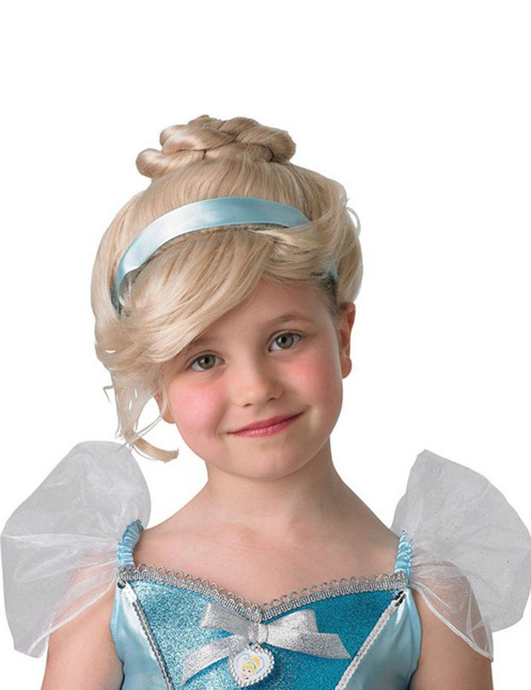 Perucă luxoasă Cenușăreasa pentru copil, blondă, cu coc și panglică albastră