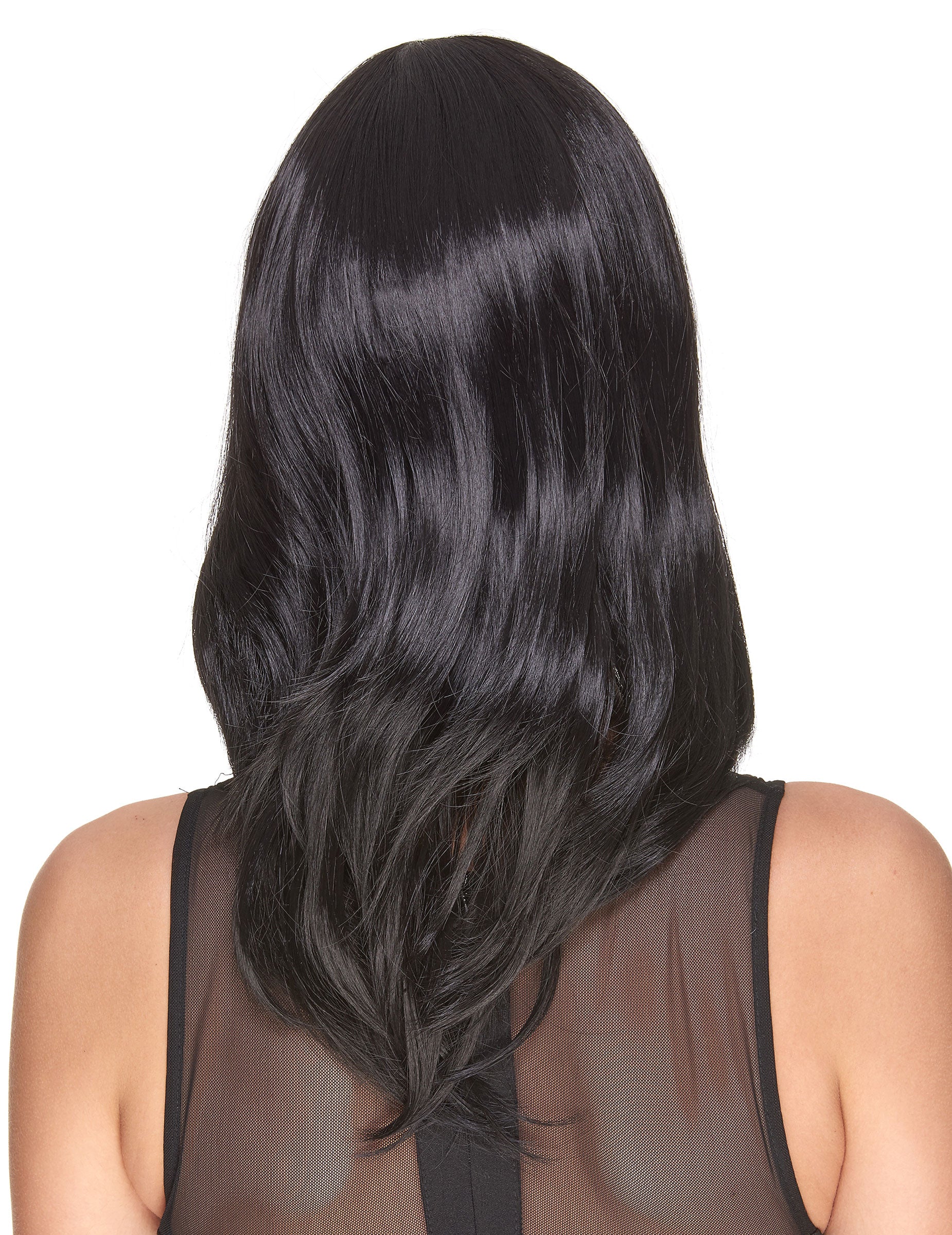 Vue de dos de la perruque luxe noire mi-longue pour femme
