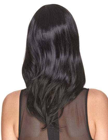 Vue de dos de la perruque luxe noire mi-longue pour femme