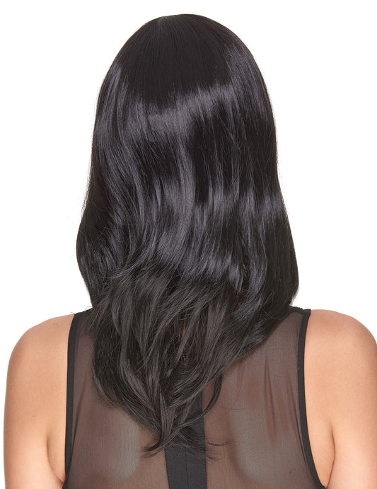 Vue de dos de la perruque luxe noire mi-longue pour femme