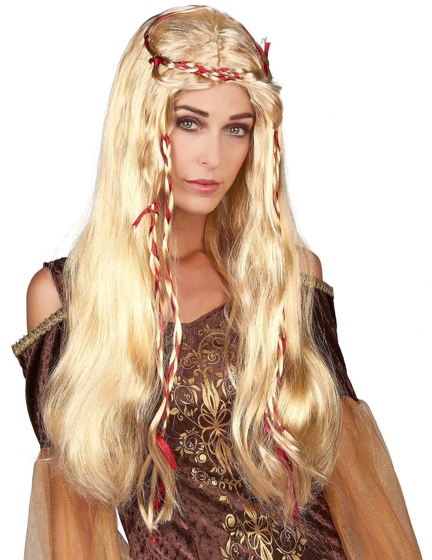 Perucă medievală pentru femei blonde cu împletituri și panglici roșii