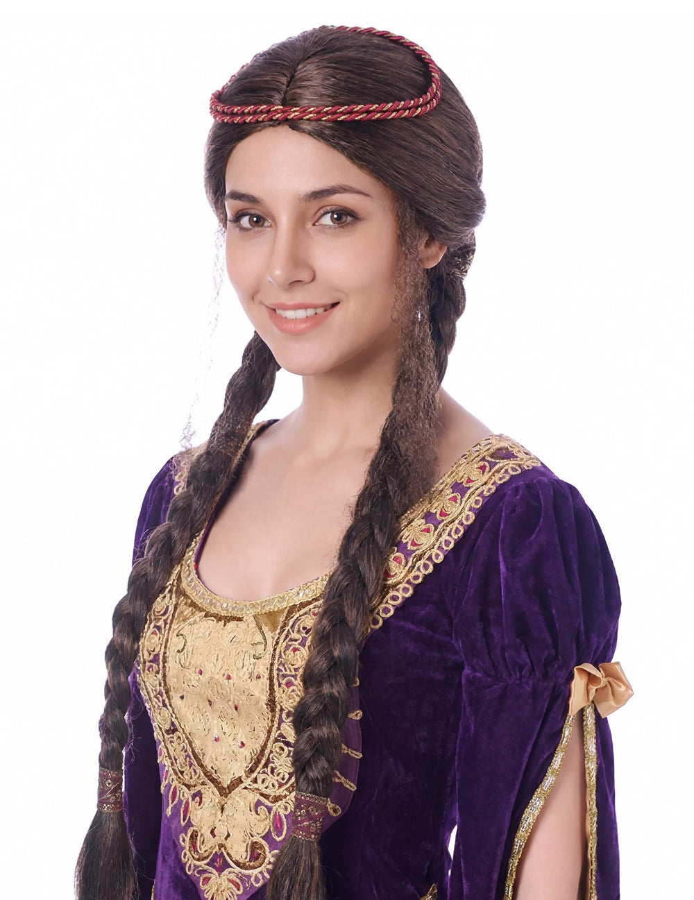 Perucă medievală pentru femeie castanie cu două împletituri și bandă pentru cap roșu