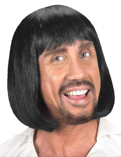 Perruque médiévale pour homme noire lisse avec frange