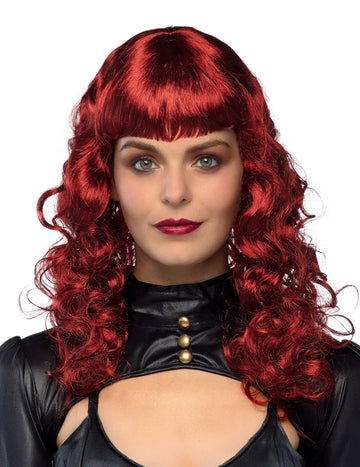 Perucă ondulată cu breton roșu închis pentru adult 