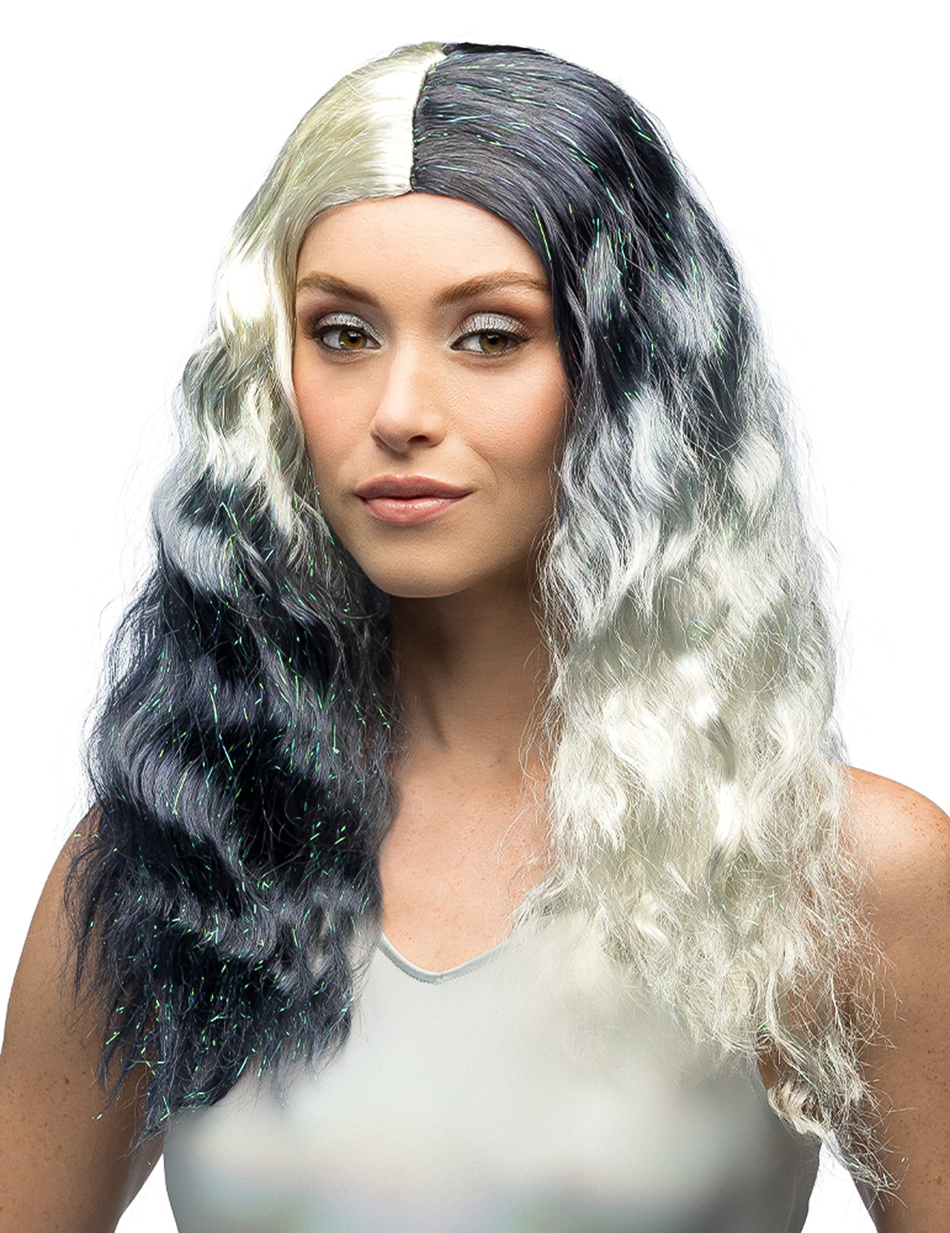 Perruque ondulée noire et blanche pour femme à reflets métalliques