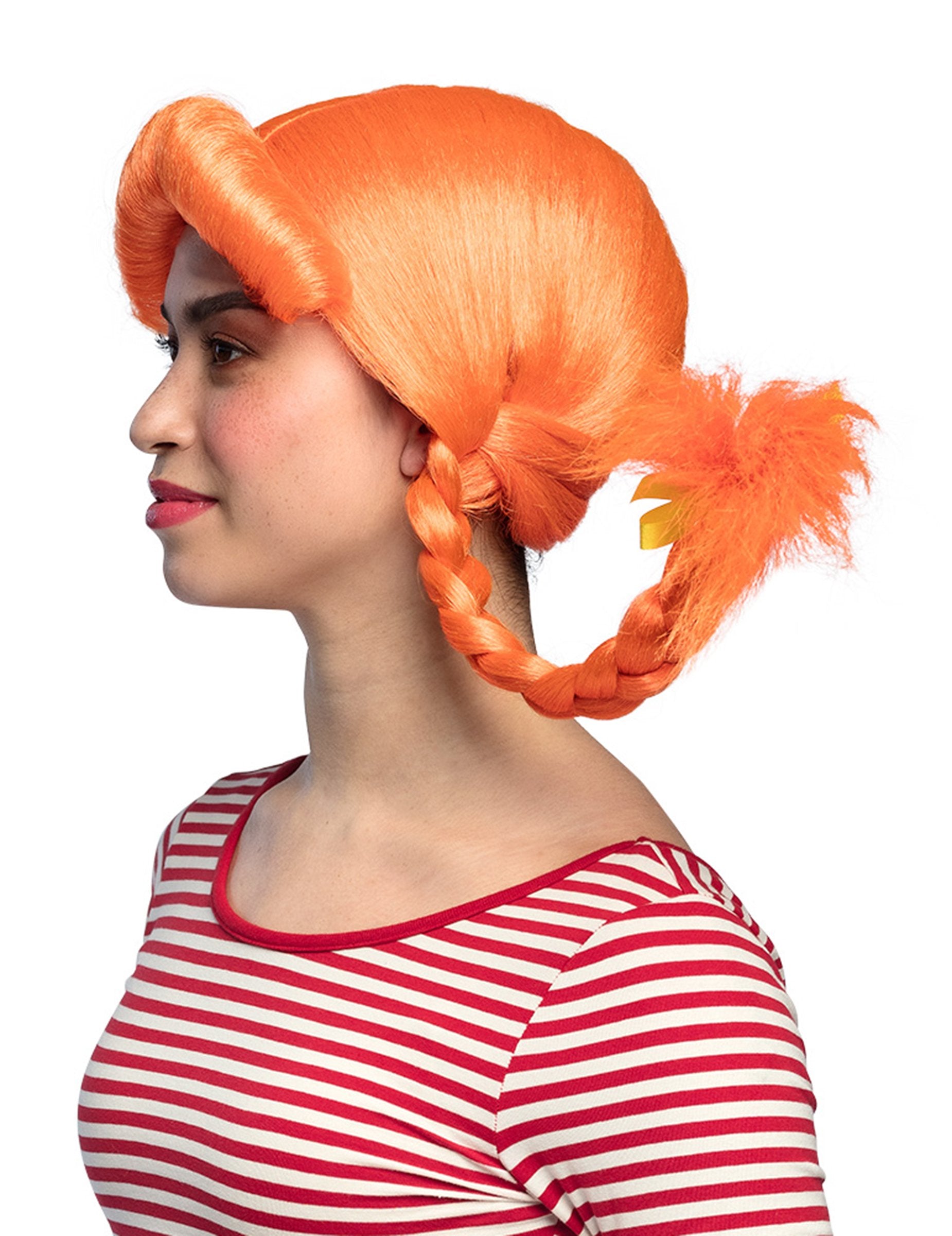 Vedere din profil a perucii portocalii pentru femei